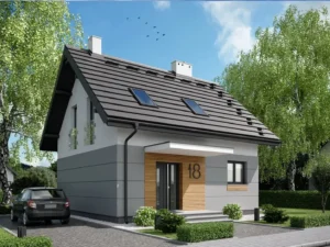 Dom szkieletowy Liza 1444, budynek z poddaszem, 75 m2 - wizualizacja elewacji frontowej