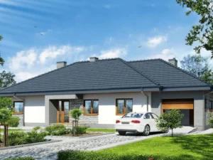 Dom szkieletowy Projekt Dom w Santolinach, budynek parterowy, 119 m2 - wizualizacja elewacji frontowej