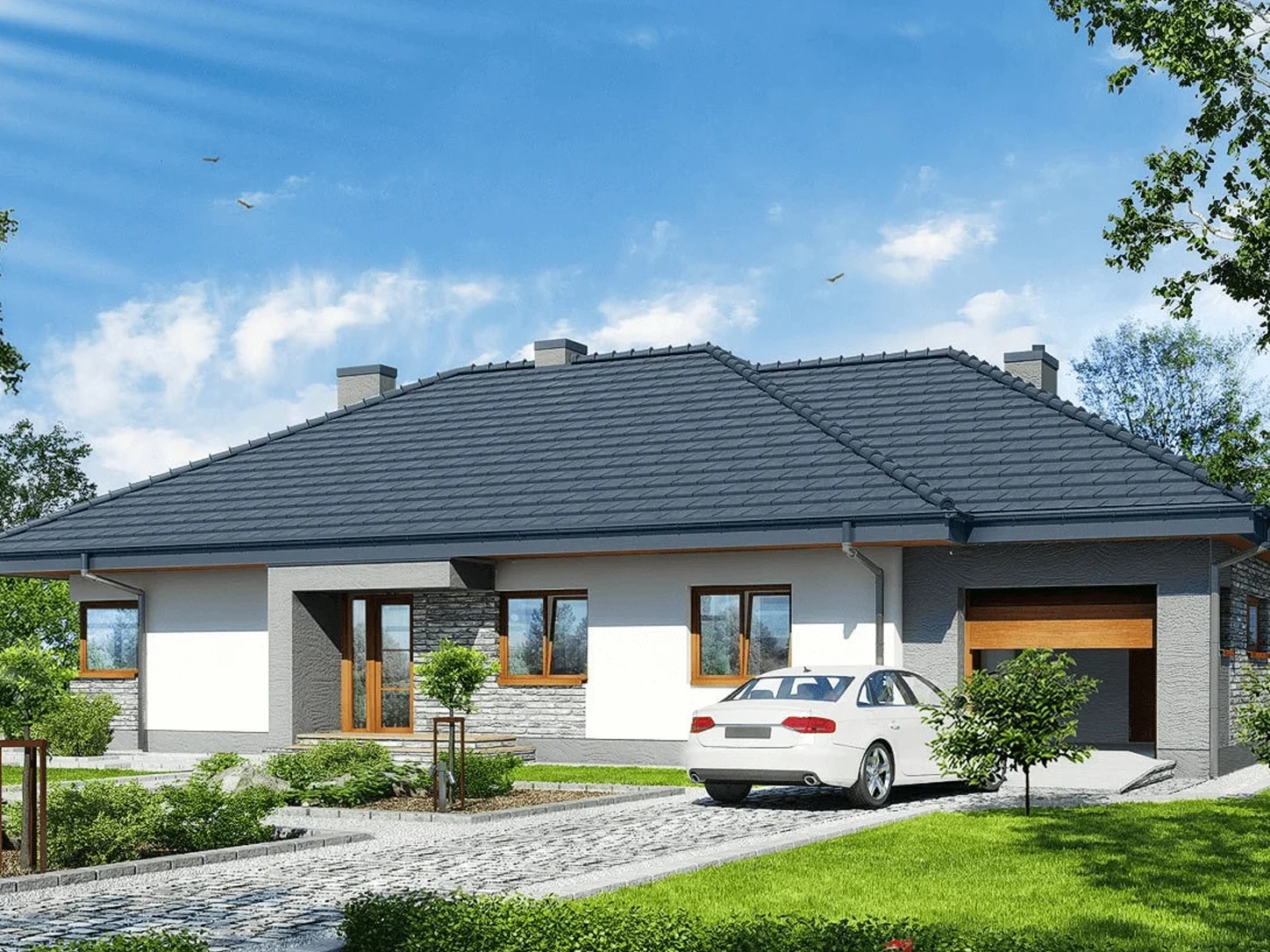 Dom szkieletowy Projekt Dom w Santolinach, budynek parterowy, 119 m2 - wizualizacja elewacji frontowej