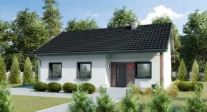 Dom szkieletowy Dom przy Bukowej 12, budynek parterowy, 75 m2 - wizualizacja elewacji frontowej