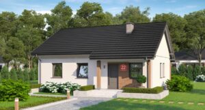 Dom szkieletowy Dom przy Bukowej 22, budynek parterowy, 70 m2 - wizualizacja elewacji frontowej