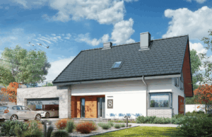 Dom szkieletowy Dom w Malinówkach G2, budynek z poddaszem, 119 m2 - wizualizacja elewacji frontowej