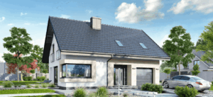 Dom szkieletowy Dom w Zdrojówkach, budynek z poddaszem, 109 m2 - wizualizacja elewacji frontowej