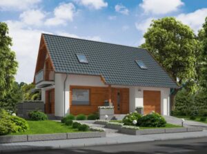 Dom szkieletowy Katania 2, budynek z poddaszem, 80 m2 - wizualizacja elewacji frontowej