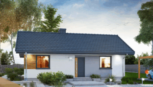Dom szkieletowy Dom w Kruszczykach 2, budynek parterowy, 57 m2 - wizualizacja elewacji frontowej