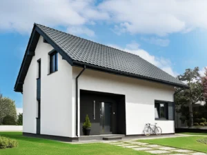 Dom szkieletowy MDDOM 128, budynek z poddaszem, 120 m2 - wizualizacja elewacji frontowej