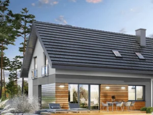 Dom szkieletowy MDDOM 132 z wiatą, budynek z poddaszem, 115 m2 - wizualizacja elewacji frontowej