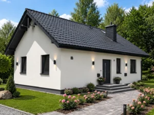 Dom szkieletowy MDDOM 76, budynek parterowy, 76 m2 - wizualizacja elewacji frontowej