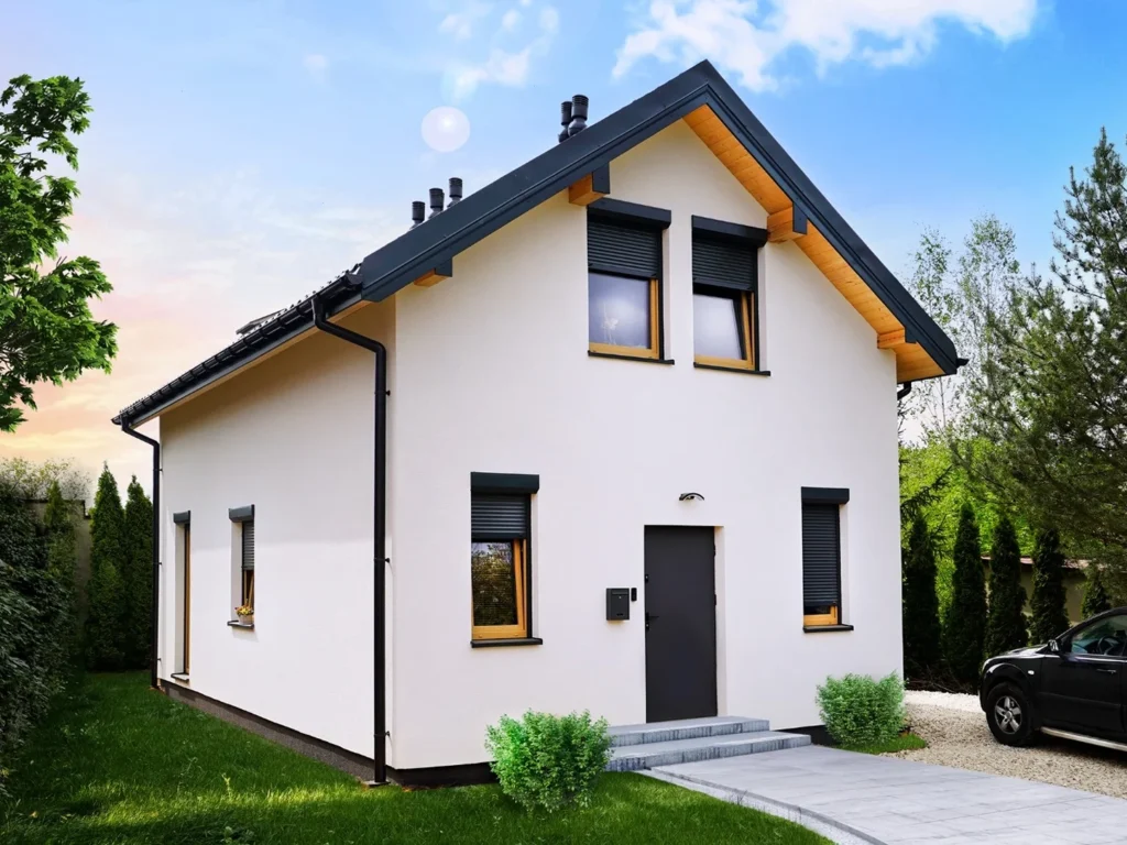 Dom szkieletowy MDDOM 95, budynek z poddaszem, 87 m2 - wizualizacja elewacji frontowej