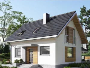 Dom szkieletowy Malik 1515, budynek z poddaszem, 80 m2 - wizualizacja elewacji frontowej