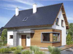 Dom szkieletowy Malina, budynek z poddaszem, 100 m2 - wizualizacja elewacji frontowej