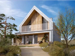 Dom szkieletowy Malutki 4, budynek z poddaszem, 110 m2 - wizualizacja elewacji frontowej