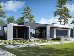 Dom szkieletowy Przejrzysty D27, budynek parterowy, 140 m2 - wizualizacja elewacji frontowej
