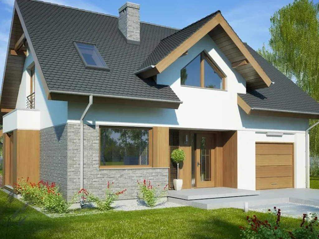 Dom szkieletowy Telimena, budynek z poddaszem, 111 m2 - wizualizacja elewacji frontowej