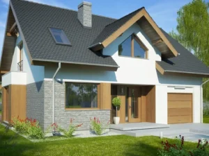 Dom szkieletowy Telimena, budynek z poddaszem, 111 m2 - wizualizacja elewacji frontowej