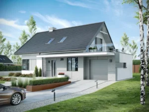 Dom szkieletowy Trypolis 3, budynek z poddaszem, 119 m2 - wizualizacja elewacji frontowej