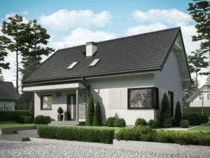 Dom szkieletowy Trypolis 7, budynek parterowy, 73 m2 - wizualizacja elewacji frontowej