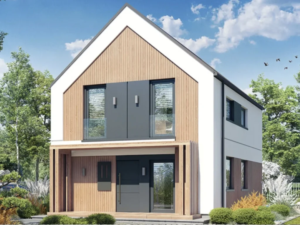 Dom szkieletowy W Cienistkach 4, budynek z poddaszem, 102 m2 - wizualizacja elewacji frontowej