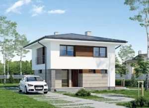 Dom szkieletowy M173b, budynek z poddaszem, 114 m2 - wizualizacja elewacji frontowej