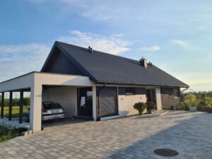 Dom szkieletowy mlodojewo Słupca, budynek parterowy, 100 m2 - wizualizacja elewacji frontowej