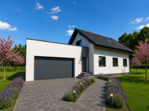 Dom szkieletowy Skrzyszów 2, budynek z poddaszem, 128 m2 - wizualizacja elewacji frontowej