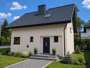 Dom szkieletowy Otwock, budynek z poddaszem, 92 m2 - wizualizacja elewacji frontowej
