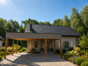 Dom szkieletowy Czyżowice, budynek z poddaszem, 99 m2 - wizualizacja elewacji frontowej